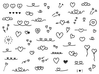 Naklejka premium 手書きのハートのベクターイラストセット。アイコン、手描き、落書き、バレンタイン