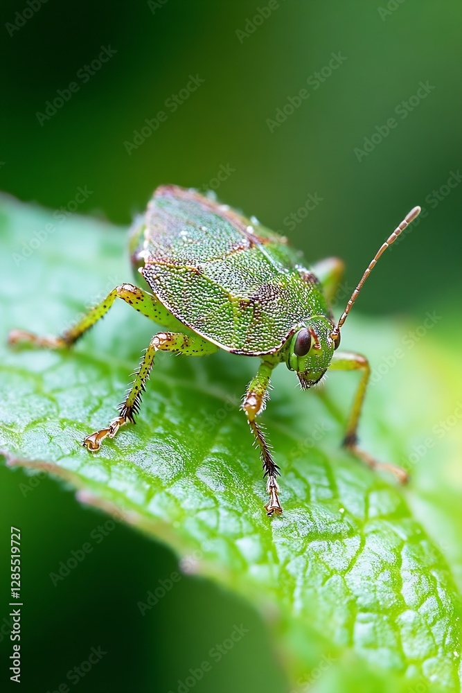 Poster close-up of a beautiful green beetle crawling on a leaf in nature : generative ai