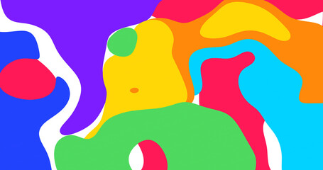4k childish abstract dynamic shapes. Amazing kids bright abstraction. Rainbow multicolor fluid pattern. Happy Birthday banner. Organic moves paint splashes. Shapes curved 2d. Yellow, orange, blue, red
