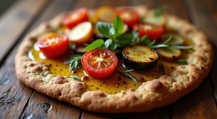 Pizza with tomatoes and other vegetables on it