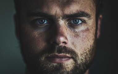 Obraz premium Intense close-up of a man with striking blue eyes and rugged features in soft light