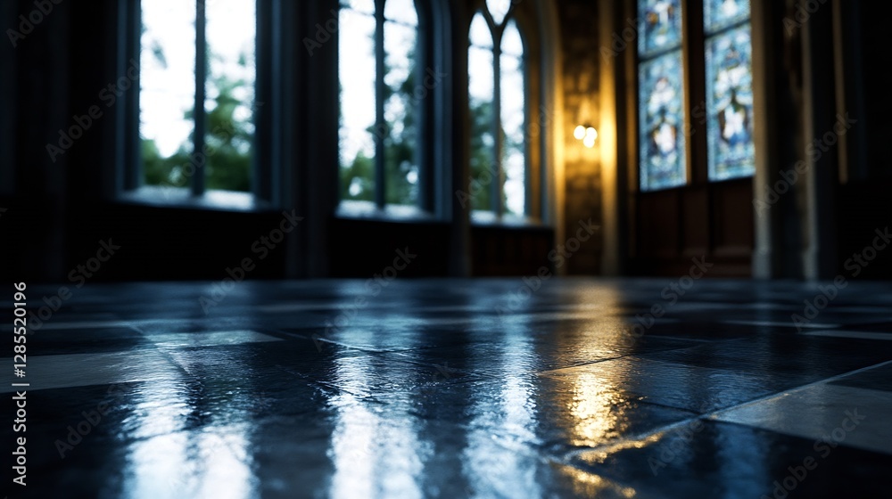 Poster glistening floor reflection in an elegant gothic style hallway with stained glass windows : generati