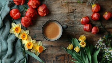 Overhead View of Coffee Mug with Tulips and Daffodils on Rustic Wooden Table