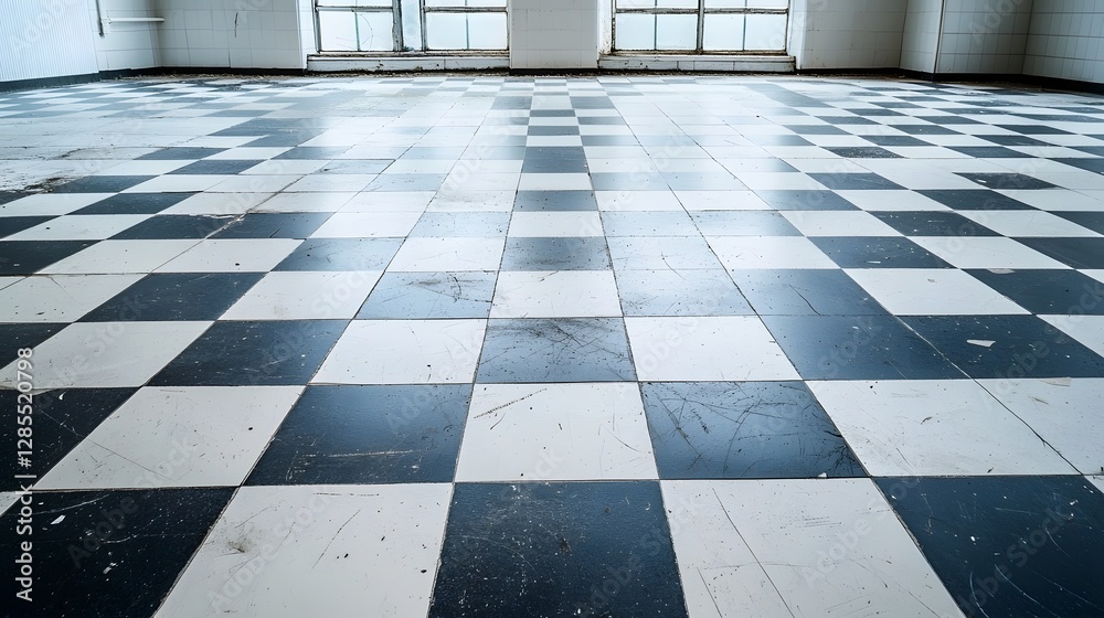 Aufkleber faded black and white checkerboard floor pattern with scuff marks and weathered texture in a minimal