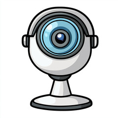 Fototapeta premium Minimalistic vector of a round webcam with a blue lens on a pedestal stand, suitable for video calls, streaming, and virtual meetings