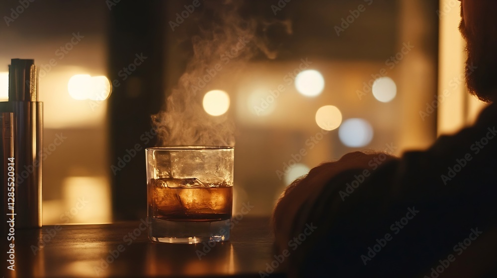 Poster close up of a glass of whiskey with a smoky atmosphere in a cozy bar : generative ai