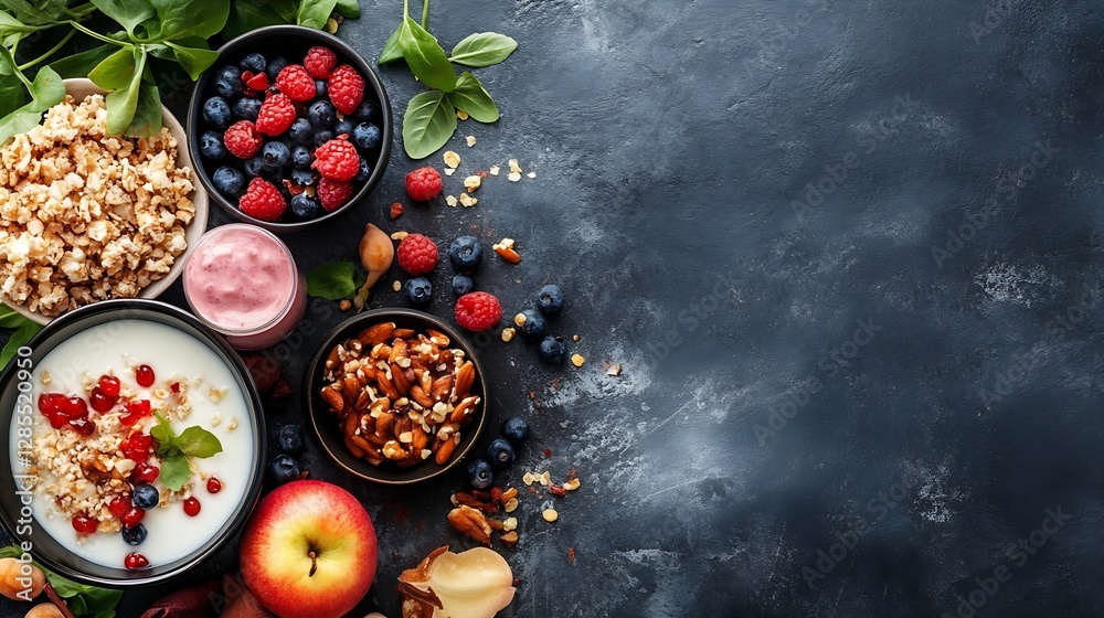 Poster healthy food mix with fresh fruits nuts and yogurt arranged on a dark background : generative ai
