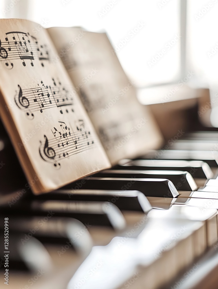Poster close up view of classic piano keys with musical sheet music in soft lighting : generative ai