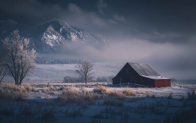 Snow-covered barn in a misty landscape with mountains in the background at twilight