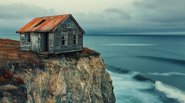 Lonely Shack on the Edge: An old, weathered shack precariously perched atop a cliff, gazing out over a vast expanse of ocean, the waves crashing below create a scene of solitude and resilience. 