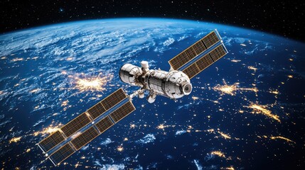 Fototapeta premium Satellite Orbiting Earth with Glowing City Lights at Night