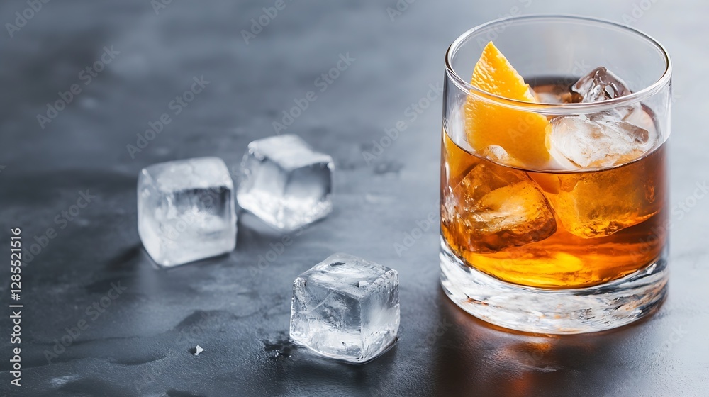Poster delicious whiskey cocktail on dark countertop with ice and citrus twist : generative ai