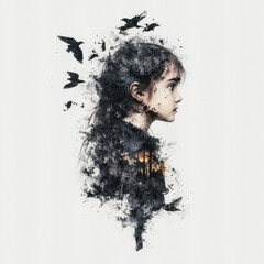 Fototapeta premium Beautiful Watercolor Portrait of a Girl Surrounded by Birds
