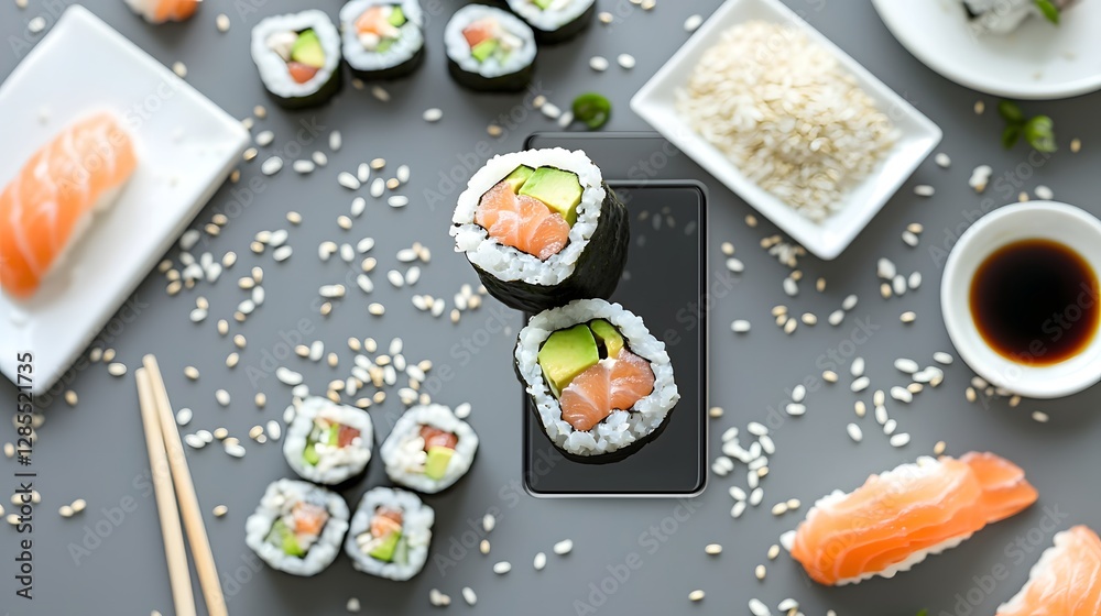Poster freshly prepared sushi roll with salmon avocado and floating rice grains artfully presented on a sma