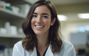 Fototapeta premium Smiling healthcare professional in a laboratory setting shares positivity and approachability during a busy workday