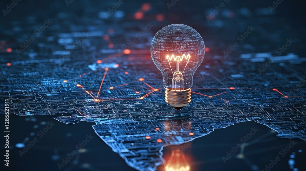 Poster light bulb above digital map with circuit pattern and glow effect