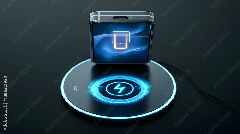 Poster Futuristic wireless charging pad with a sleek minimalist design  The device effortlessly charges a foldable smartphone
