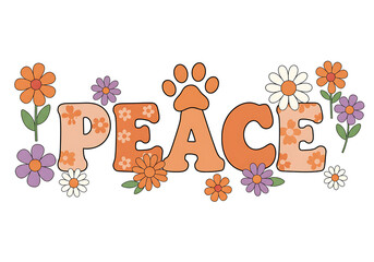 Naklejka premium Peace Sign with Flowers and Paw Print: A Retro 70s Style Graphic Design