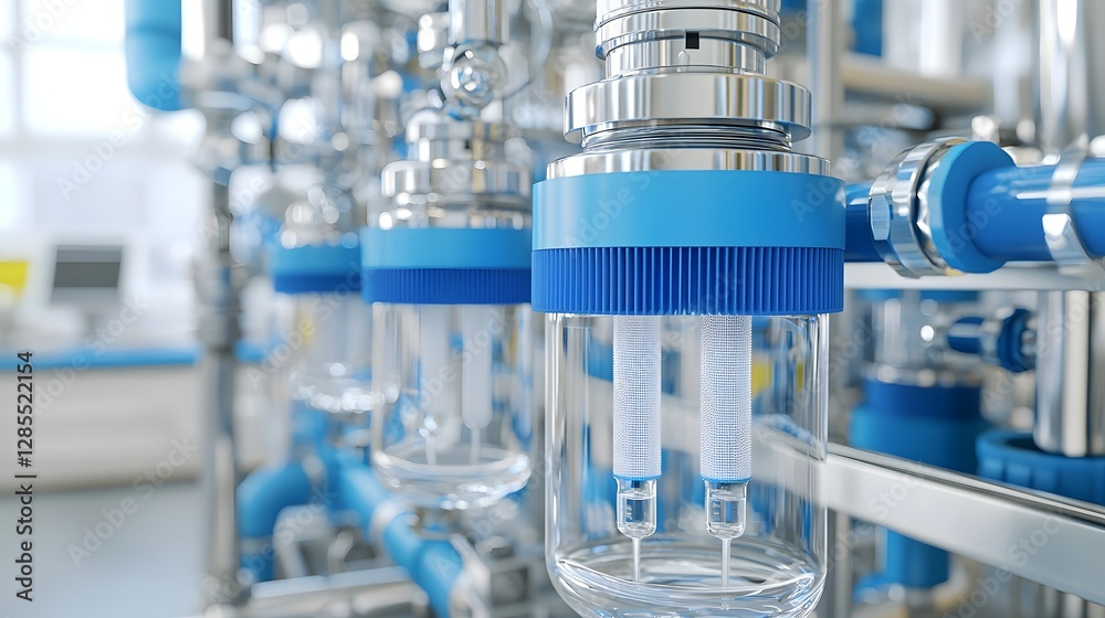 Aufkleber High Tech System Displaying the Flow of Fluids Through Transparent Tubing and Sterile Medical Filters in a Laboratory or Industrial Setting