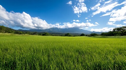 Obraz premium Vibrant Green Rice Field Under Blue Sky with Fluffy Clouds and Mountain Backdrop for Nature Photography : Generative AI