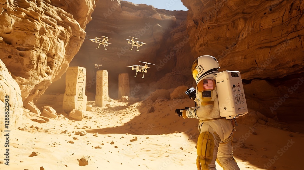 Poster intrepid astronaut ventures across the harsh remote landscape of a distant desert planet investigati