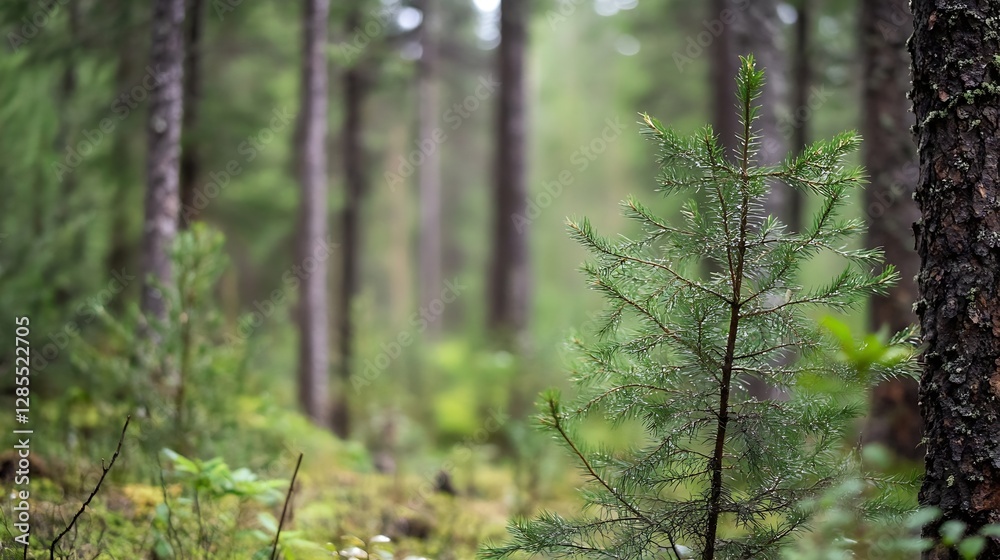Poster serene forest landscape with green pine trees and soft natural light : generative ai