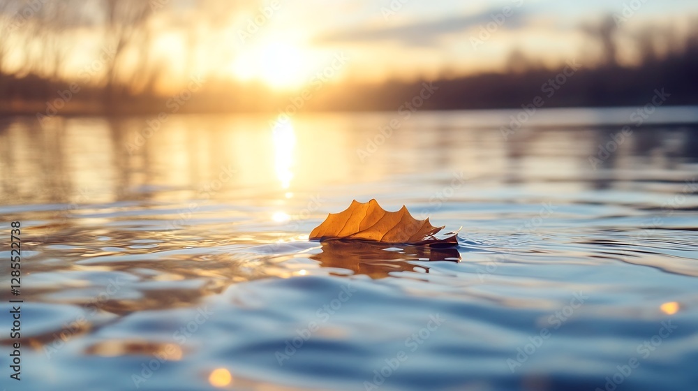 Leinwandbilder autumn leaf floating on calm water with reflection and sunset glow : generative ai
