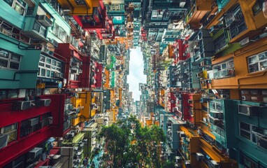 Obraz premium Vibrant vertical cityscape displays colorful apartments and greenery in urban environment