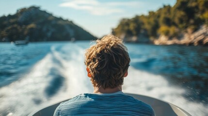 Fototapeta premium Man on boat, sea view, back, enjoying scenery