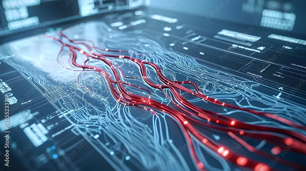 Aufkleber Macro shot of a futuristic bio luminescent circuit pattern pulsating within a synthetic skin like texture  The glowing mechanical veins flow with a luminous fluid creating a captivating