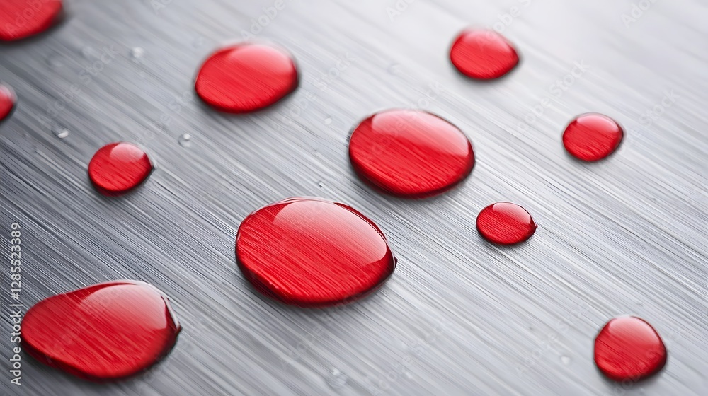 Poster macro shot of glistening red water droplets on a sleek stainless steel surface showcasing the fluid 