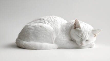 Serene White Cat Sleeping Peacefully Soft Fur Minimalist Background