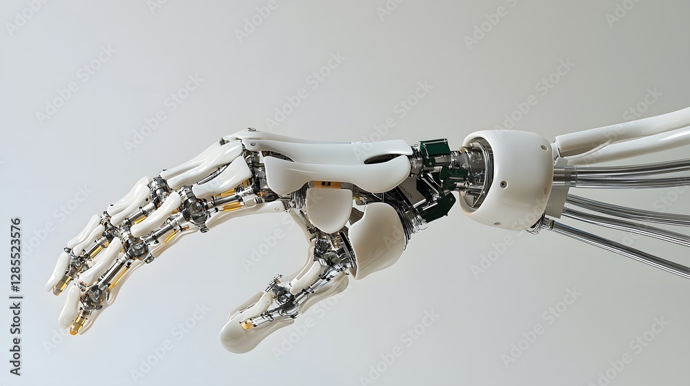 Poster macro view showcasing the fusion of muscle like actuators and metal tendons within the finger joints