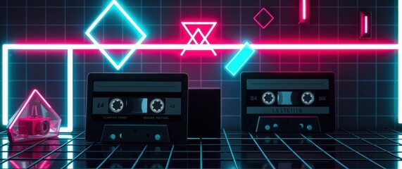 Retro neon aesthetic: Cassette tapes amidst glowing geometric shapes create a nostalgic vibe.