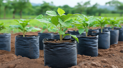 young plants being grown in black plastic planting bags or grow bags arranged in a row on soil,seedlings or small saplings with large, bright green leaves,sunny day.