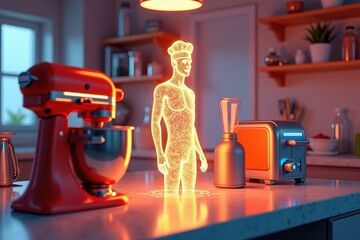 Smart Home Devices. Phygital Ai rendering oven Digital Twin boyfriend Hyperautomation PolyAI FlippedNormals amab Blender Market Holographic man figure orange light futuristic kit