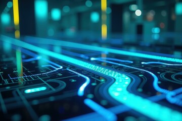 Smart Home Devices. Futuristic blue circuit board with glowing lines t