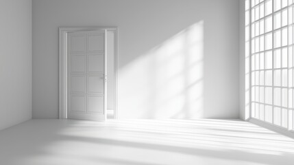 Fototapeta premium Bright Minimalist Room with White Walls and Open Door
