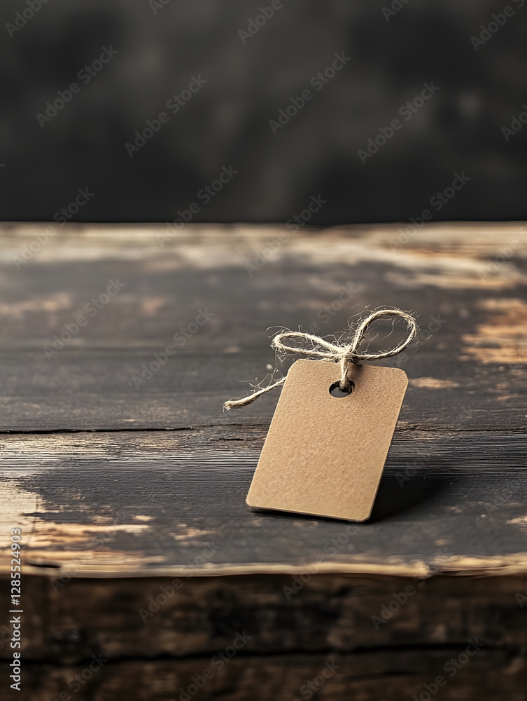 Aufkleber Rustic Brown Paper Tag on Weathered Wooden Surface with String : Generative AI