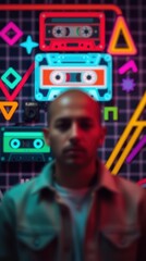 Obraz premium Retro Vibe: Blurry man portrait with neon tapes & geometric shapes background creating a nostalgic effect.