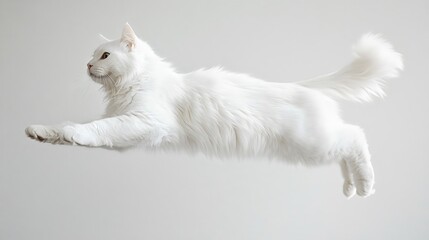 Elegant White Cat Leaping Gracefully Smooth Fur Captivating Movement Playful Energy