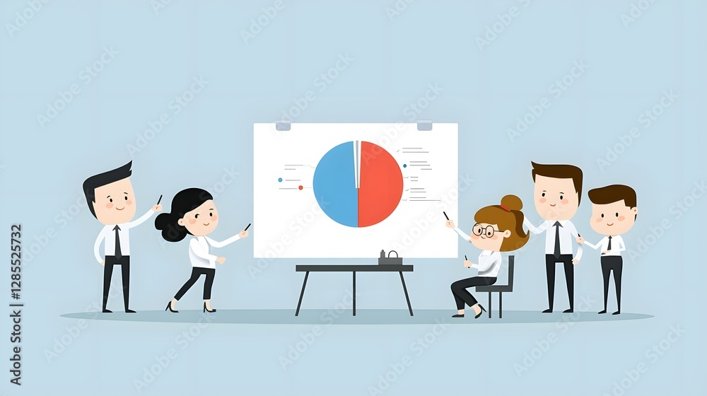 Poster playful cartoon business people having a team meeting and analyzing data presented on a pie chart or