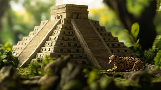 A highly detailed miniature model of an ancient Mayan pyramid, surrounded by lush jungle vegetation. A tiny jaguar figurine adds to the mystical and adventurous atmosphere, lost civilizations