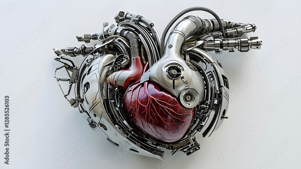 Poster rendering of a cyborg s heart featuring a hybrid biological and mechanical organ encased in a titani