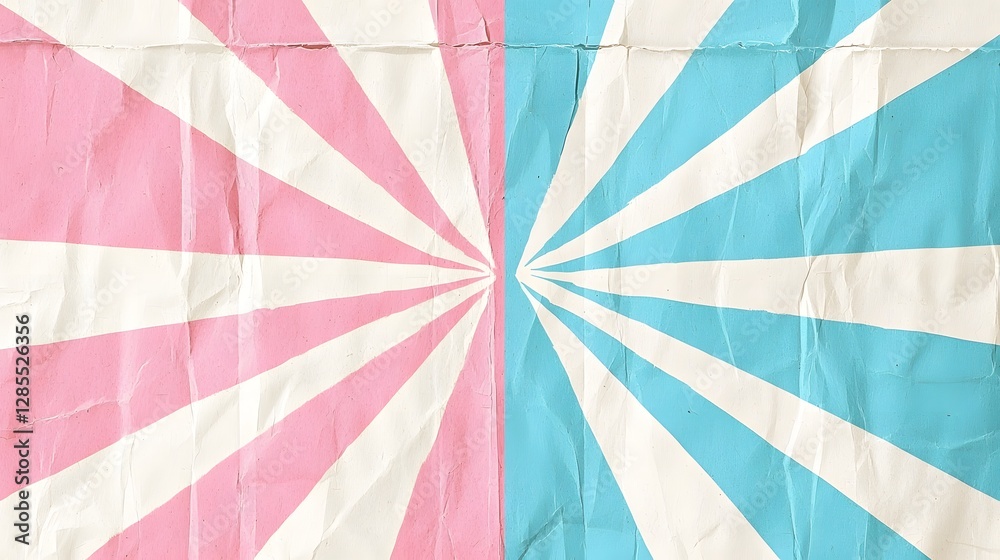 Poster retro pastel starburst pattern with subtle paper texture background faded pink and blue radial burst