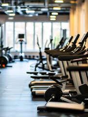 Fototapeta premium Modern Well-Equipped Gym Interior with Row of Treadmills and Workout Equipment : Generative AI