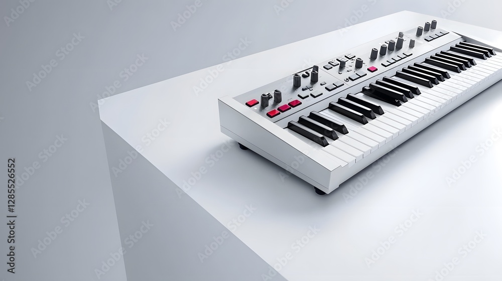 Leinwandbilder Sleek and sophisticated synthesizer keyboard with an array of modern controls and knobs set against a minimalist white surface  This high end