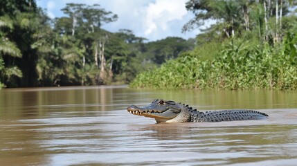 Spectacled caiman swimming jungle river, wildlife