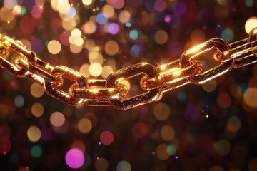 Shimmering golden chain representing happiness shines amid vibrant confetti for New Year celebration, Happy New Year golden chain shines with confetti background video as greeting card template