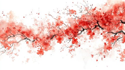 A watercolor illustration of cherry blossoms with vibrant red flowers and delicate branches.